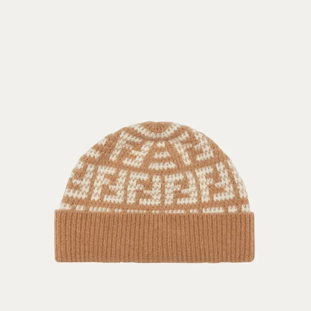 FENDI FF Jacquard Monogram Cashmere Beanie Hat